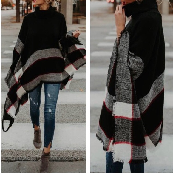 ✨SALE!✨5⭐️NEW TAN CAMEL PLAID PONCHO WRAP CAPE TOP - Picture 6 of 8